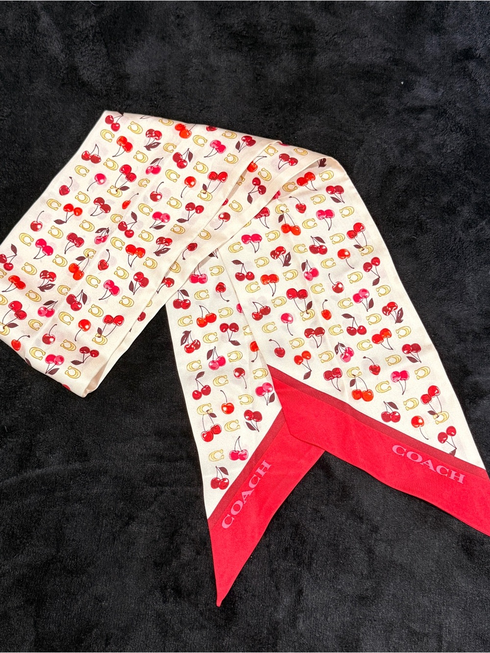Coach Sculpted C Cherries Print Silk Wide Skinny Twilly Purse Hair Scarf